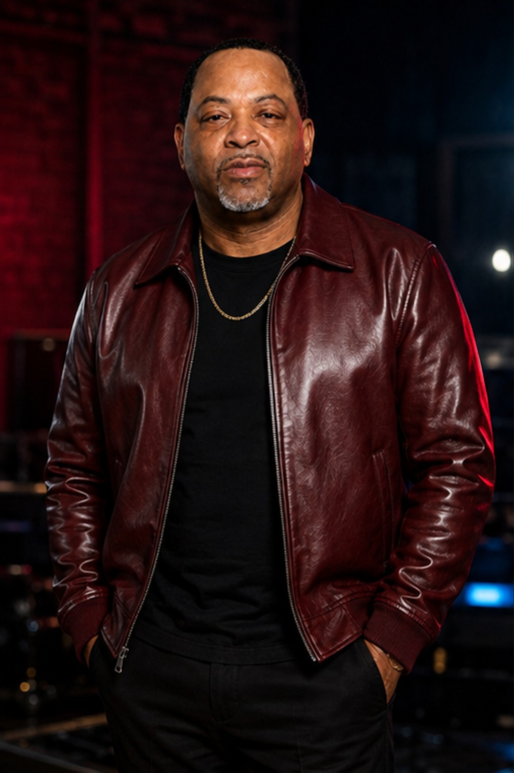 Van Woods wearing a burgundy leather jacket